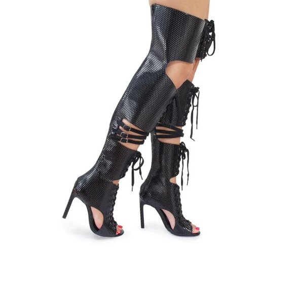 Privileged-Rocker-Faux Textured Patents-Over The Knee-Cut-Outs-Zip-Sz 8.5-EX - Picture 1 of 6